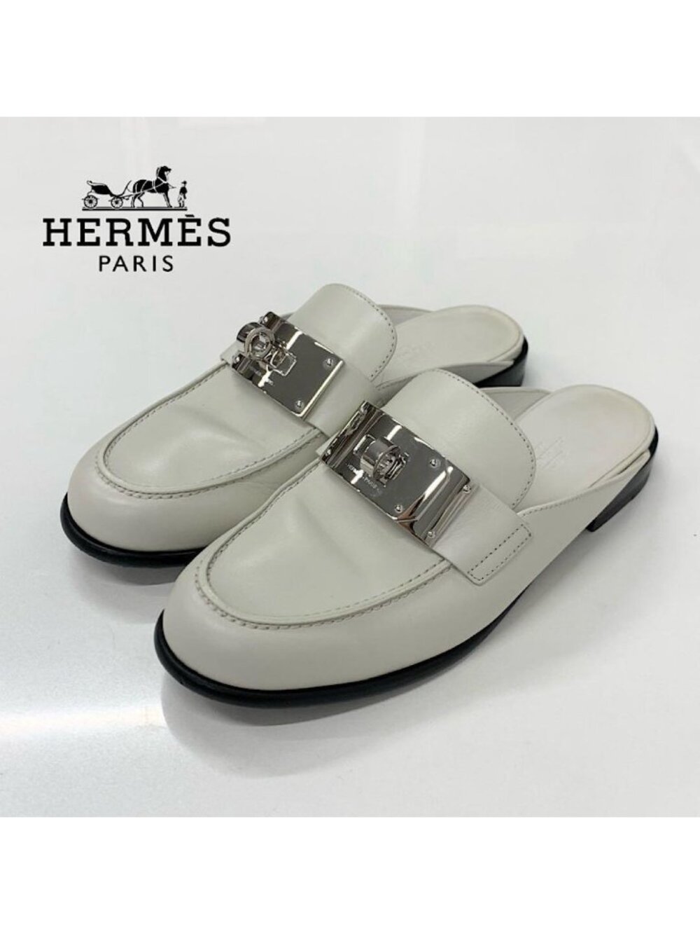 Hermes Jota Leather Kelly Mules Ivory